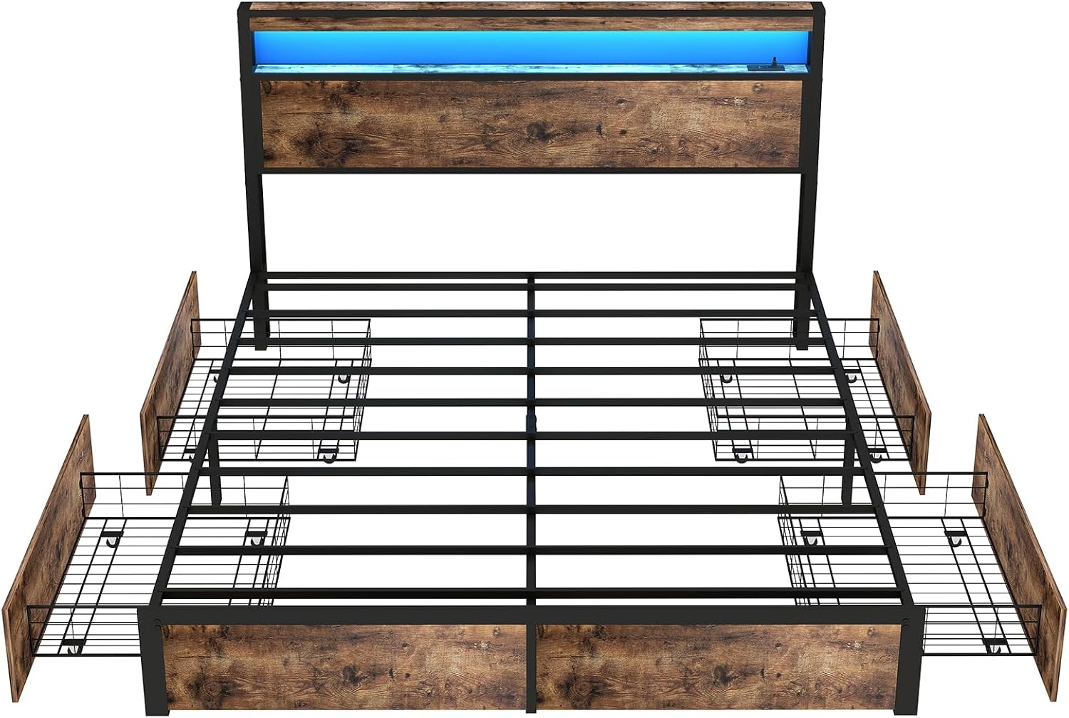 SADENICEL Queen Bed Frame with Storage Headboard and 4 Drawers, Metal Platform Bed Frame with LED Light, Charging Station, No Box Spring Needed, Noise Free, Easy Assembly, Vintage Brown