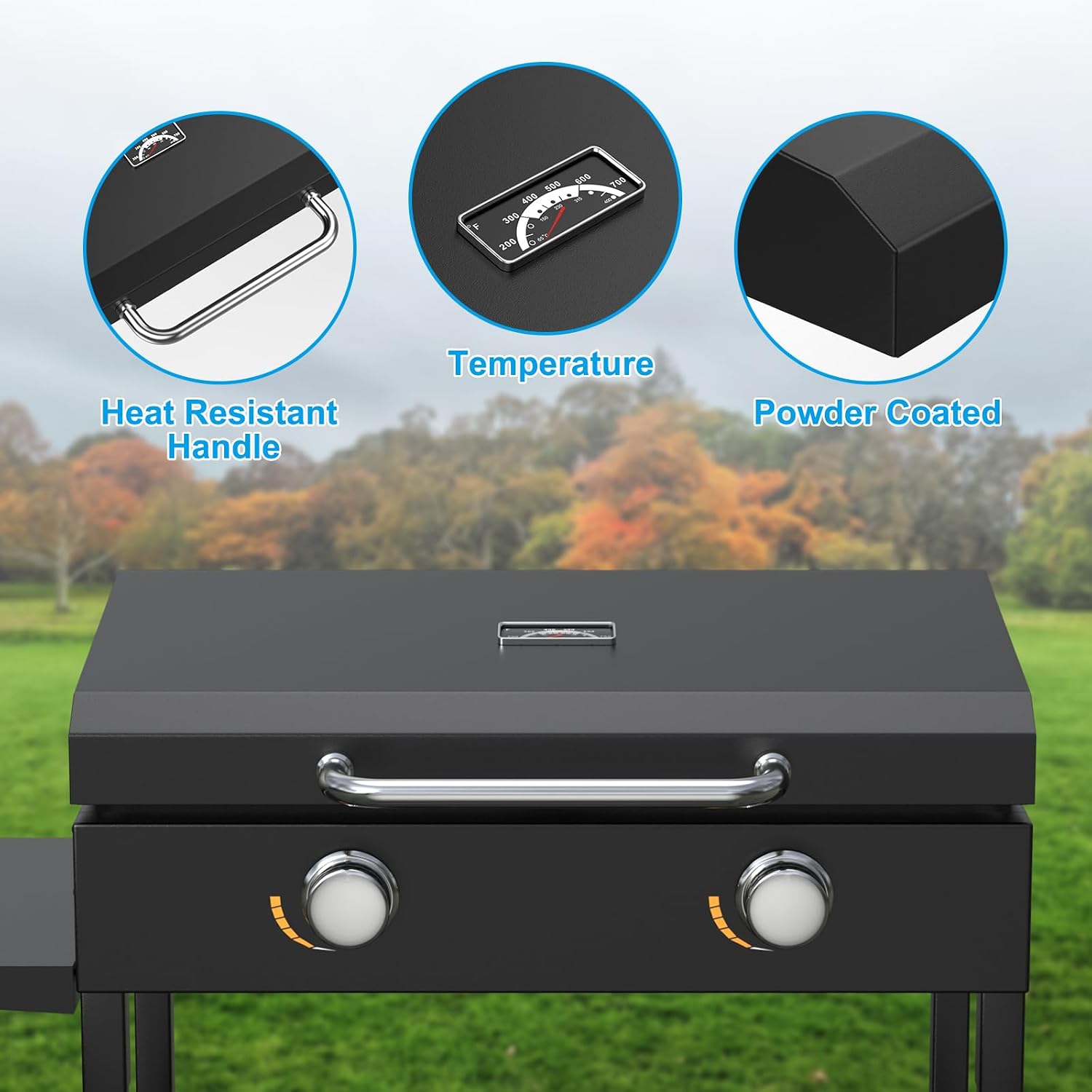 Upgrade Hinged Lid for Blackstone 28'' Griddle Hard Cover Flat Top Lid with Thermometer for Blackstone Grill 1517 1853 1605 1803 1839 1856 1885 1924 1983 2094 2137 2145 Griddle Cover Hood with Handle
