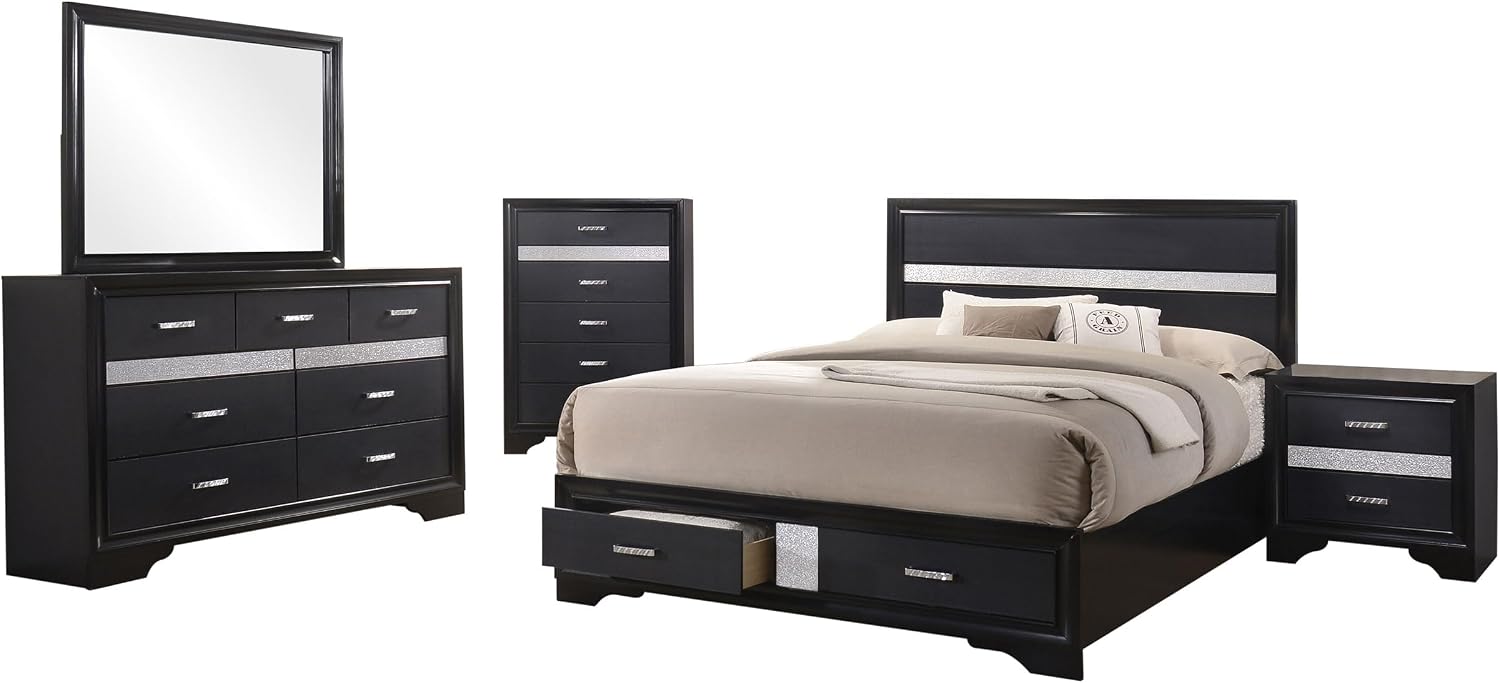 Coaster Home Furnishings Miranda Contemporary 5-Piece Bedroom Set California King Size Storage Panel Bed Frame 50-inch Headboard Black 206361KW-S5