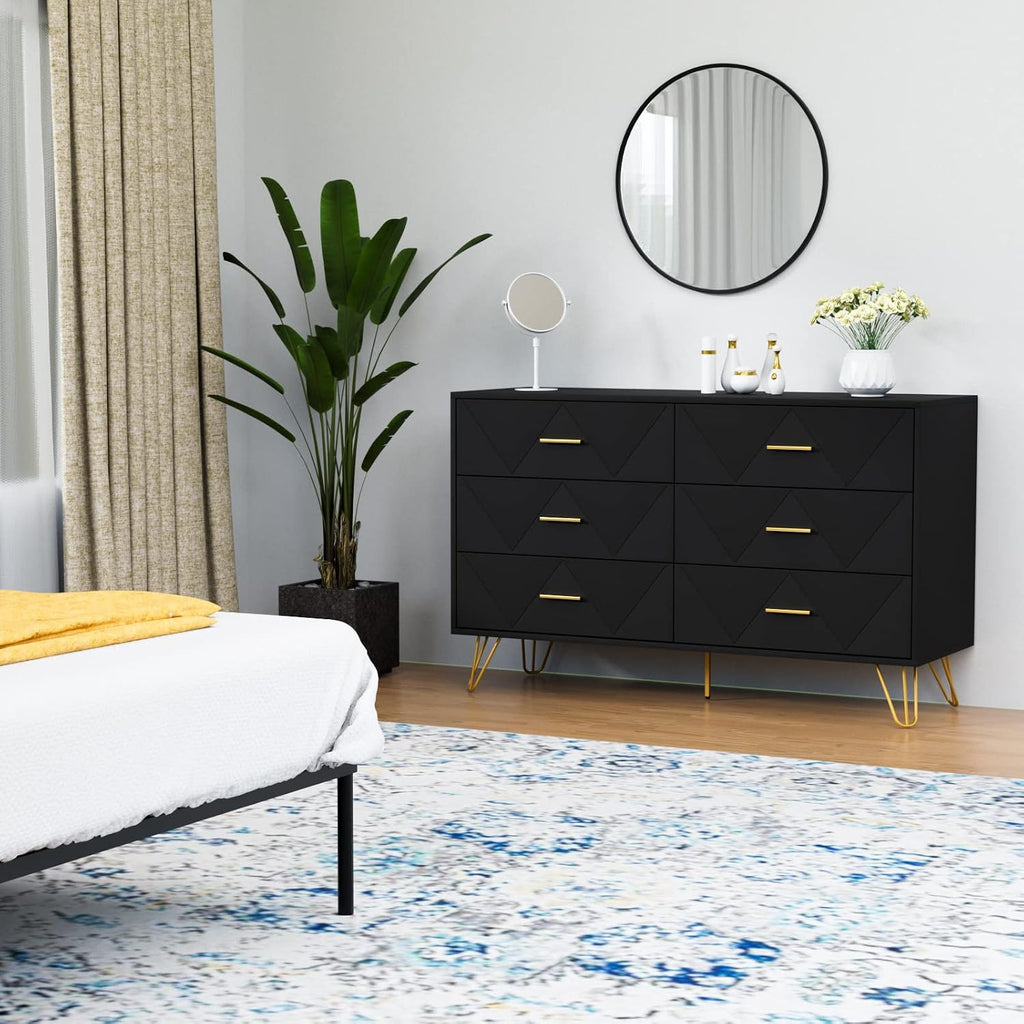 CARPETNAL Black Dresser for Bedroom, 6 Drawer Dresser with Wide Drawers and Gold Handles, Modern Wood Dressers & Chest of Drawers TV Stand for Living Room, Hallway, Entryway.