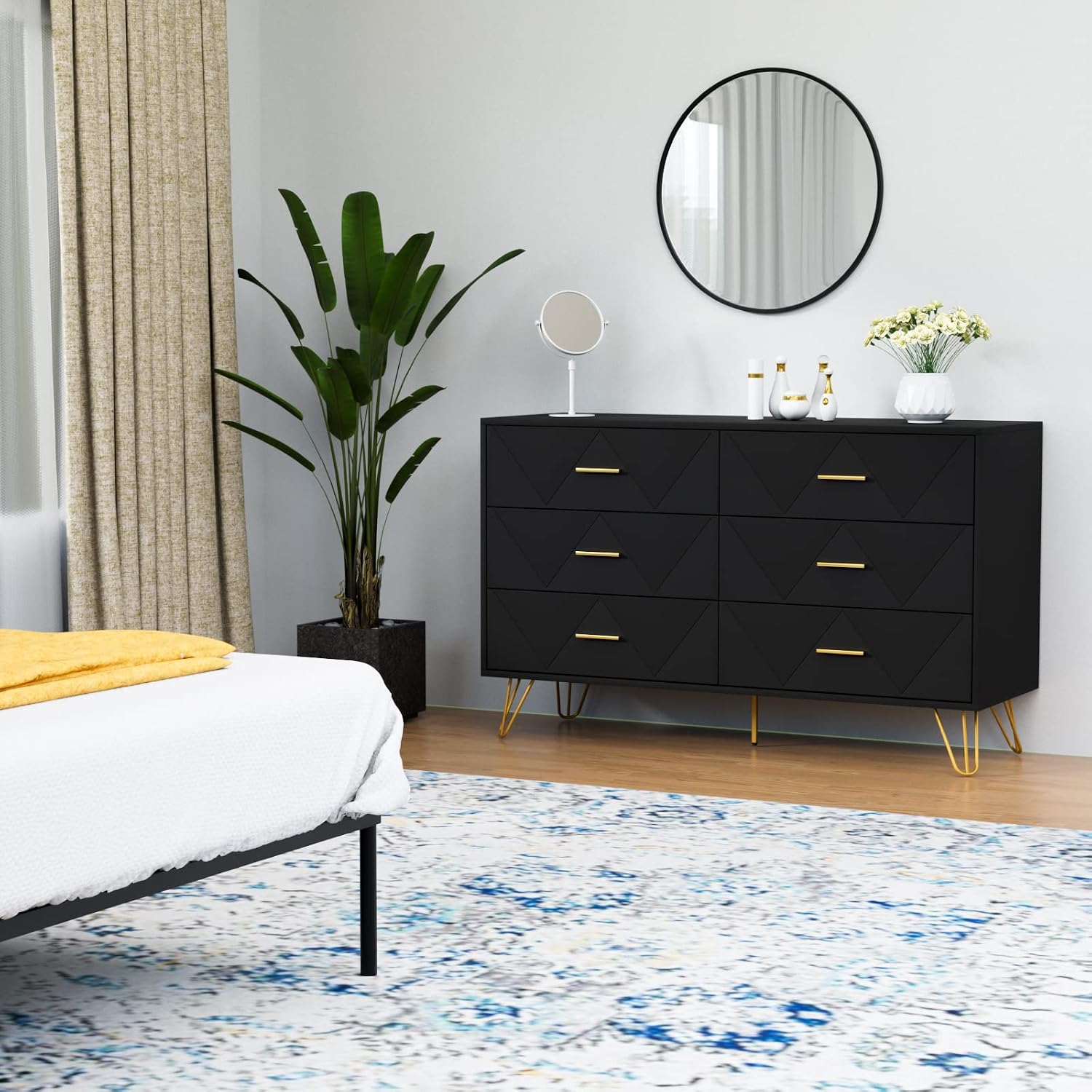 CARPETNAL Black Dresser for Bedroom, 6 Drawer Dresser with Wide Drawers and Gold Handles, Modern Wood Dressers & Chest of Drawers TV Stand for Living Room, Hallway, Entryway.