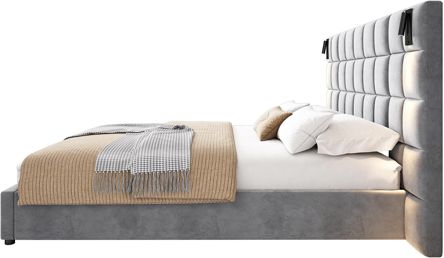 Merax California King Size Upholstered Velvet Bed Frame, with Wall Sconce and USB Port, Wide Headboard for Bedroom, (Without Bedside Tables & Mattress), Gray
