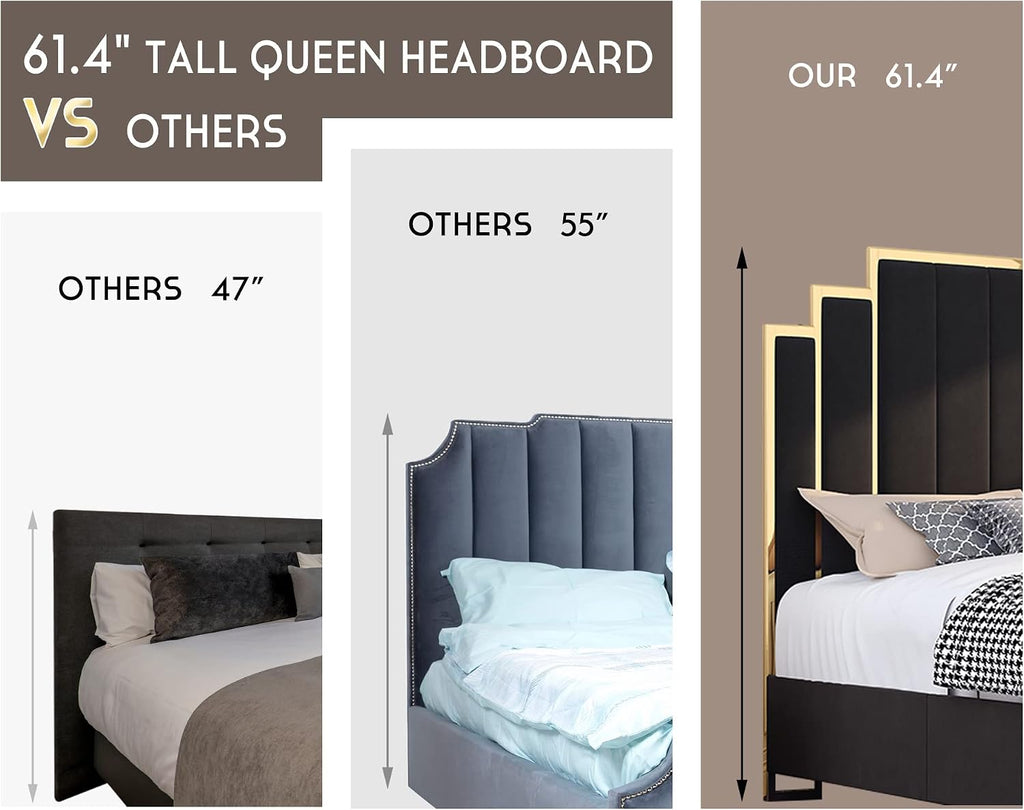 HOWE Queen Size Bed Frame and 61' Headboard, Upholstered Bed with Golden Plating Trim, Modern Platform Bed No Box Spring Needed, Black