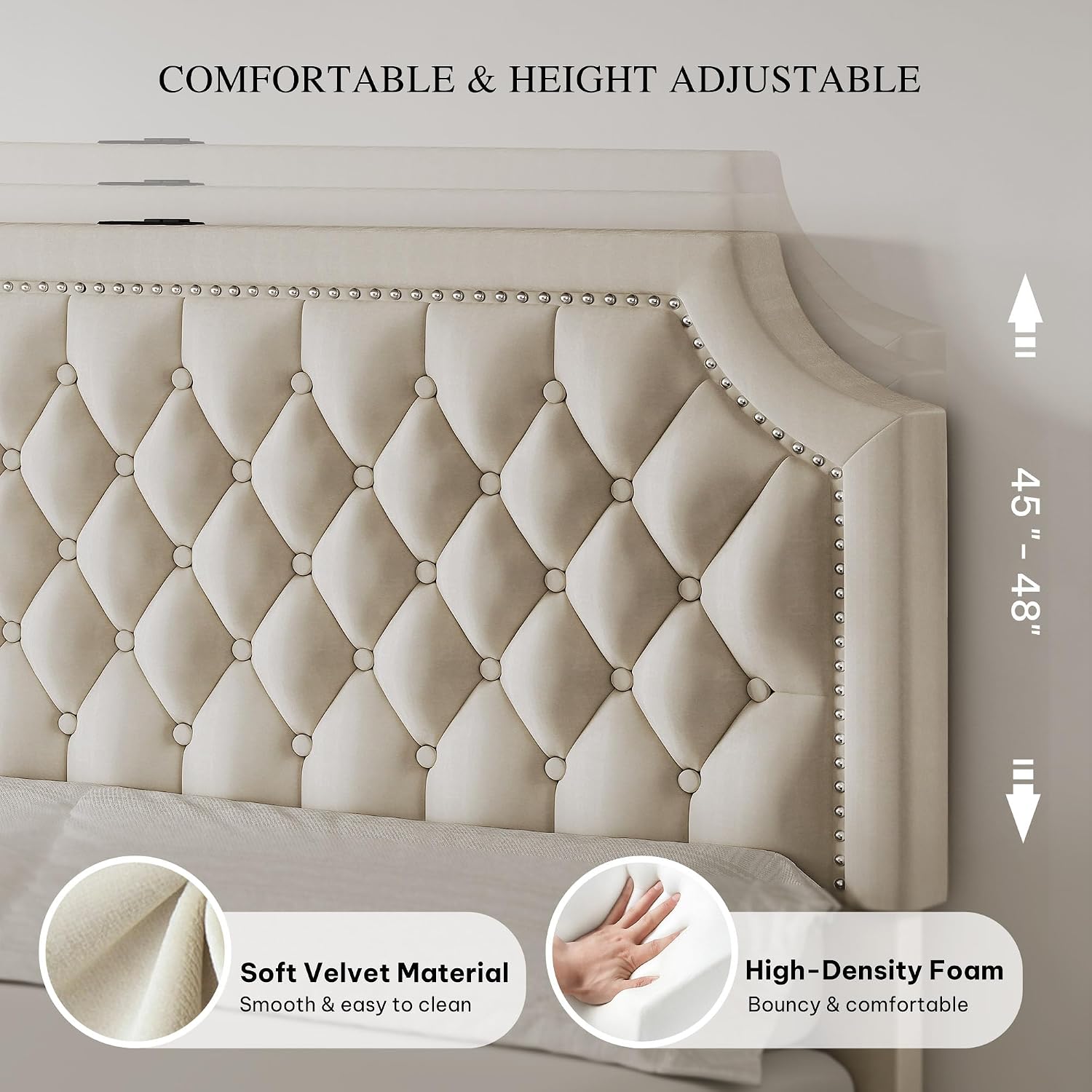 YITAHOME Full Size Bed Frame with Adjustable Headboard, 4 Storage Drawers and Charging Station, Velvet Upholstered Bed Frame with Button Tufted, No Box Spring Needed, Fast Assembly, Noise-Free, Beige