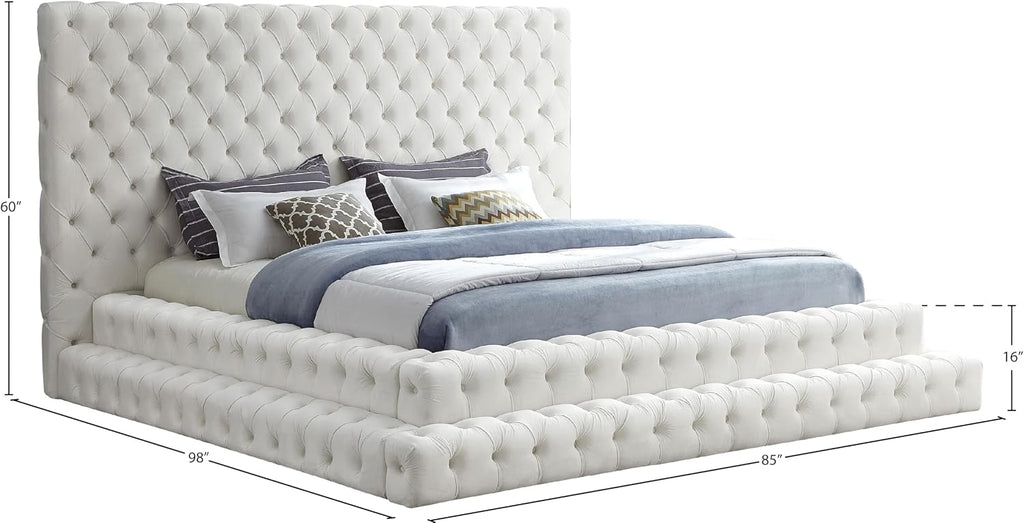 Meridian Furniture RevelCream-Q Revel Collection Modern | Contemporary Cream Velvet Upholstered Bed with Deep Button Tufting, 85' W x 98' D x 60' H, Cream, Queen