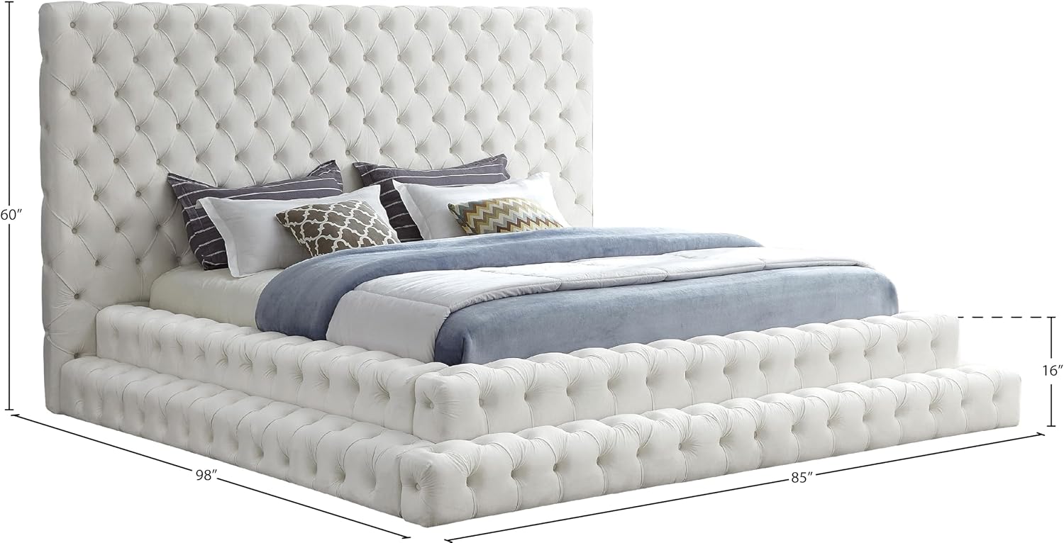 Meridian Furniture RevelCream-Q Revel Collection Modern | Contemporary Cream Velvet Upholstered Bed with Deep Button Tufting, 85' W x 98' D x 60' H, Cream, Queen