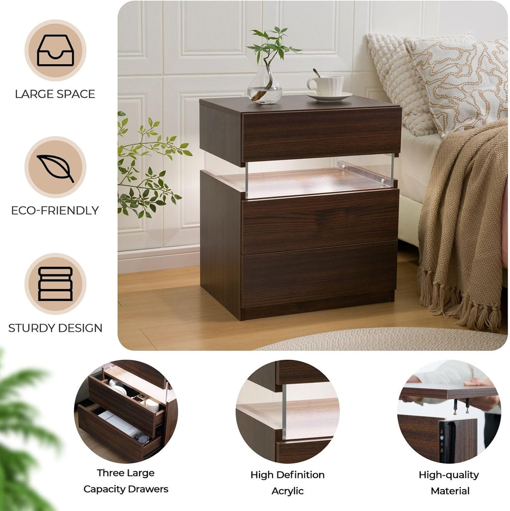 i-aplus Brown LED Nightstand Set of 2,Night Stand Set 2,Modern Night Stand with 3 Drawers,Night Stands for Bedroom Set of 2,Bedside Table Suitable for Small Spaces and Indoor use Capabilities