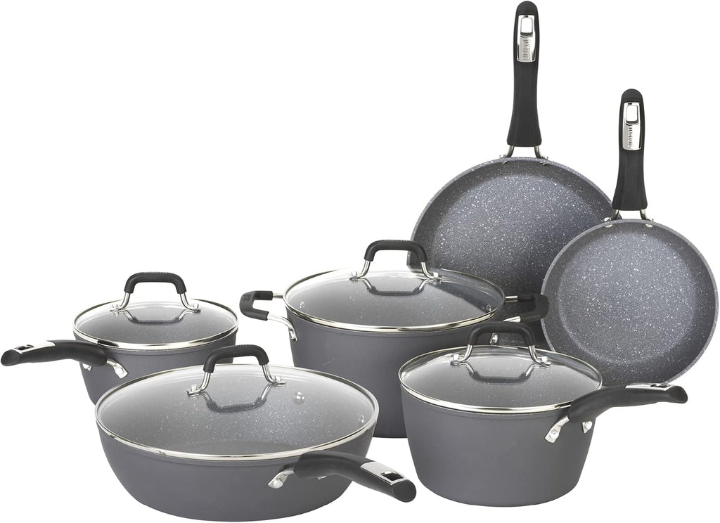 Bialetti Impact 10-Piece Textured Aluminum Cookware Set with Pots, Pans, and Dutch Oven, Nonstick Pots and Pans Set for Kitchen, Gray