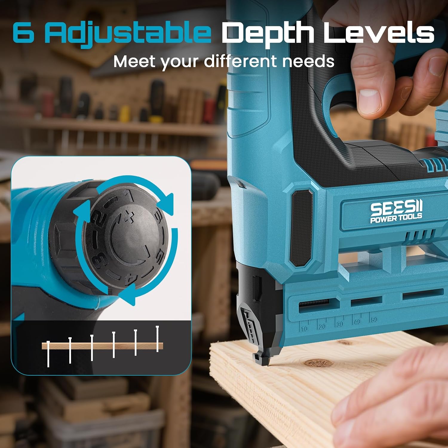 SEESII Cordless Brad Nailer, 18 Gauge 2 in 1 Electric Stapler/Nail Gun, 2.0Ah Battery, 1000pcs Nails and Staples, Adjustable Depth for Upholstery, Woodworking