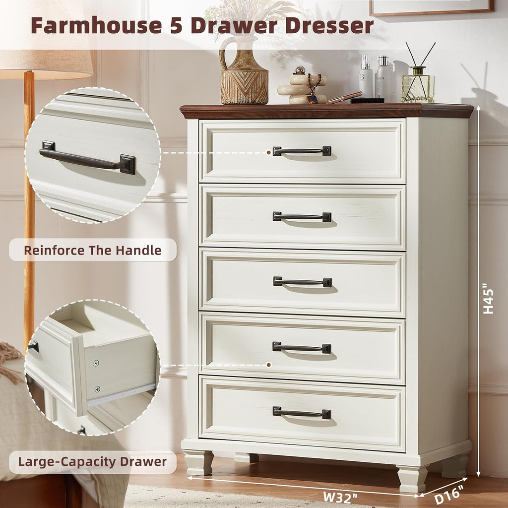 SAVOR LIFE Farmhouse Dresser and Nightstand Sets 3 Piece, 5 Drawer Dresser & 2 Drawer Nightstand Set, Rustic Wood Bedroom Furniture Set for Home, Bedroom, Hallway, White