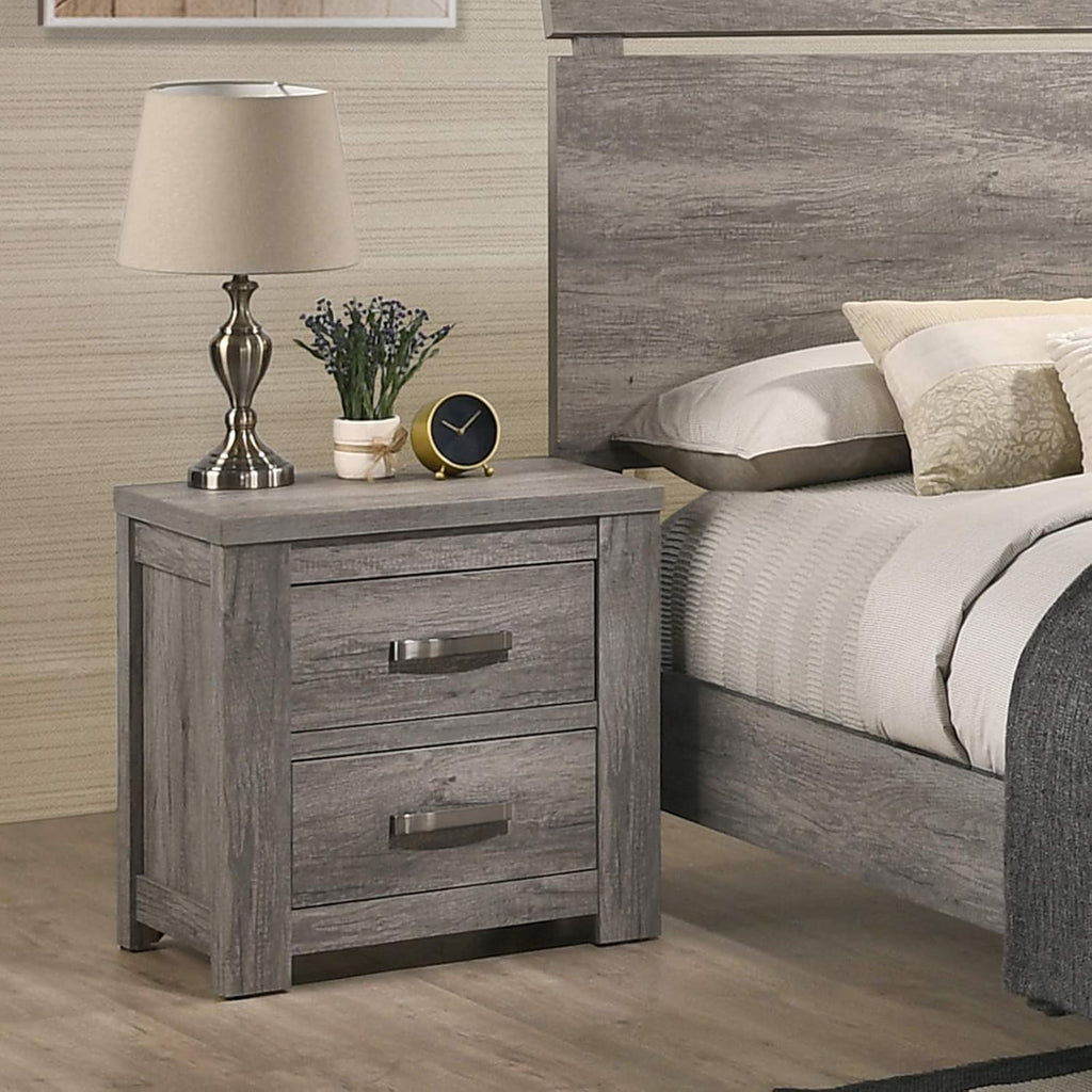 Floren Contemporary Weathered Gray Wood Bedroom Set, Queen Panel Bed, Dresser, Mirror, Nightstand, Chest