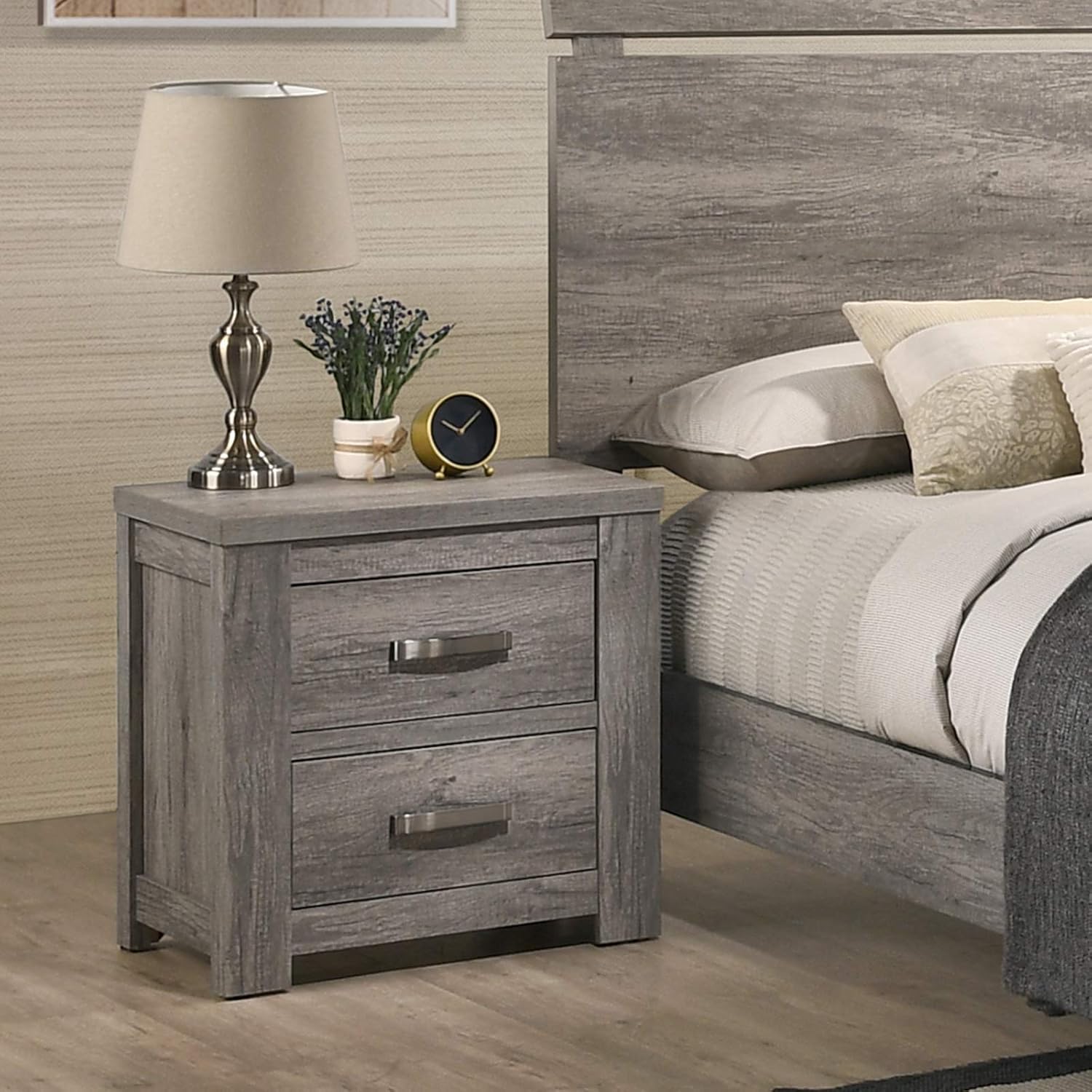 Floren Contemporary Weathered Gray Wood Bedroom Set, King Panel Bed, Dresser, Mirror, Nightstand