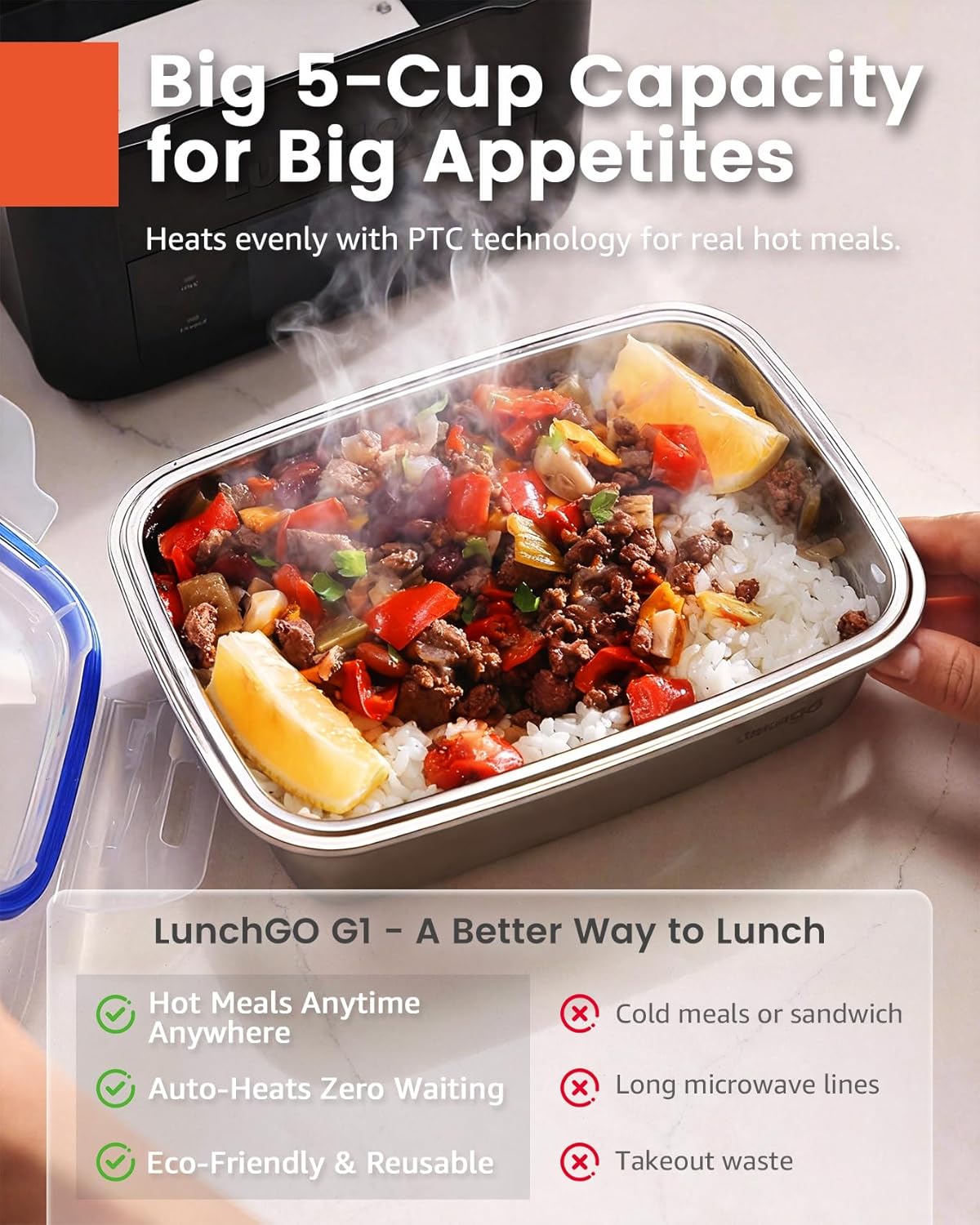 LUNCHGO® G1 Cordless Electric Heated Lunch Box, Battery Powered Self Heating Lunch Box, 5-Cup Capacity, 250°F Max, Scheduled Heating, Rechargeable Food Warmer for Work, Travel & Outdoor Use