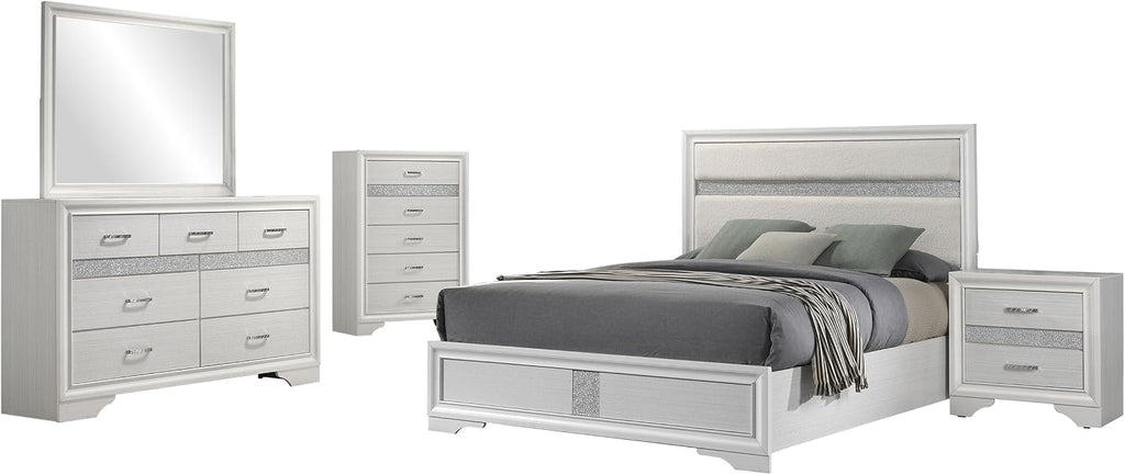 Coaster Home Furnishings Miranda Contemporary 5-Piece Bedroom Set Fabric Upholstered Queen Size Panel Bed Frame 54-inch Headboard White 205110Q-S5