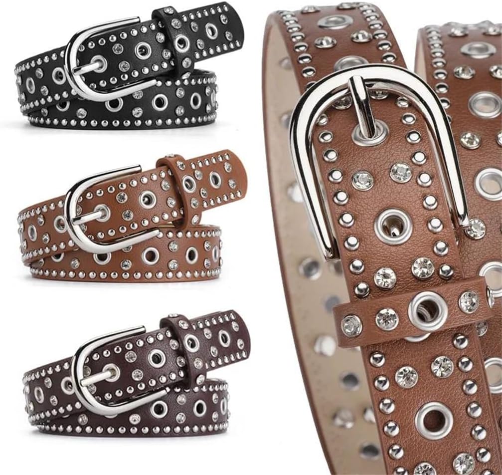 Women Soft Leather Rivet Belt Black Brown Pin Buckle For Party Prom Dress Wear