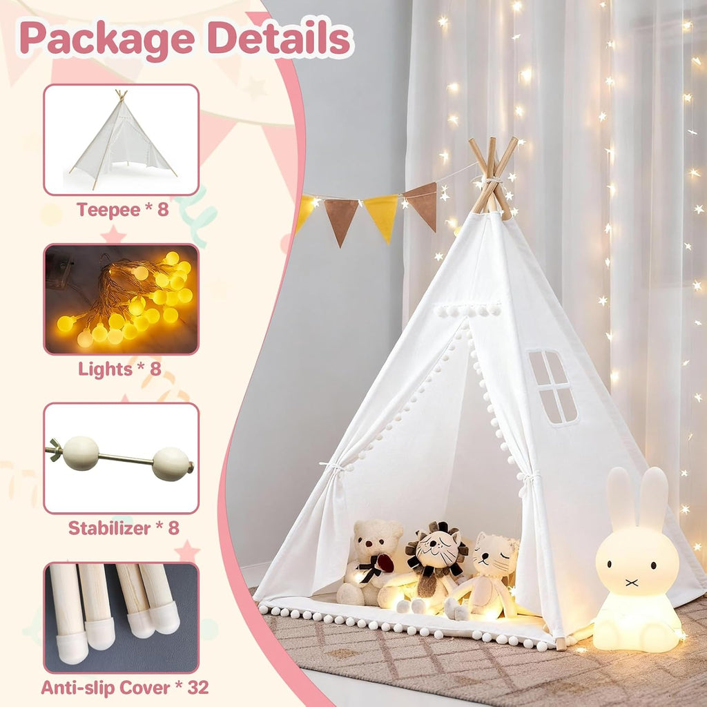 8 Pack Teepee Tent for Kids with Lights, Cotton Indoor Play Teepee with Pompom for Girls & Boys, Sleepover Tents for Boho Slumber Spa Party