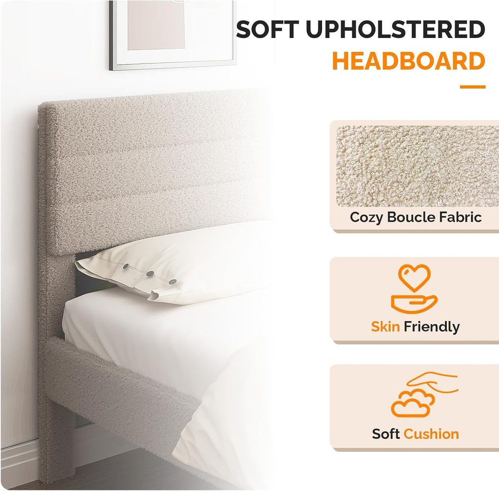 VINGLI Queen Bed Frame with Headboard, Upholstered Boucle Bed Frame,Cozy Low Profile Platform Bed with Wooden Slats and Fabric Adjustable Headboard, Mattress Foundation, Cream, Noise Free,Beige
