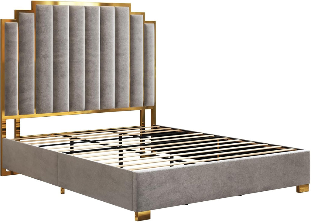 AMERLIFE King Size Upholstered Bed, Modern Velvet Bed Frame with 65.4' Tall Gold Trim Headboard, No Box Spring Needed, Grey
