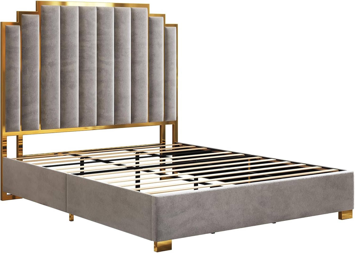 AMERLIFE King Size Upholstered Bed, Modern Velvet Bed Frame with 65.4' Tall Gold Trim Headboard, No Box Spring Needed, Grey