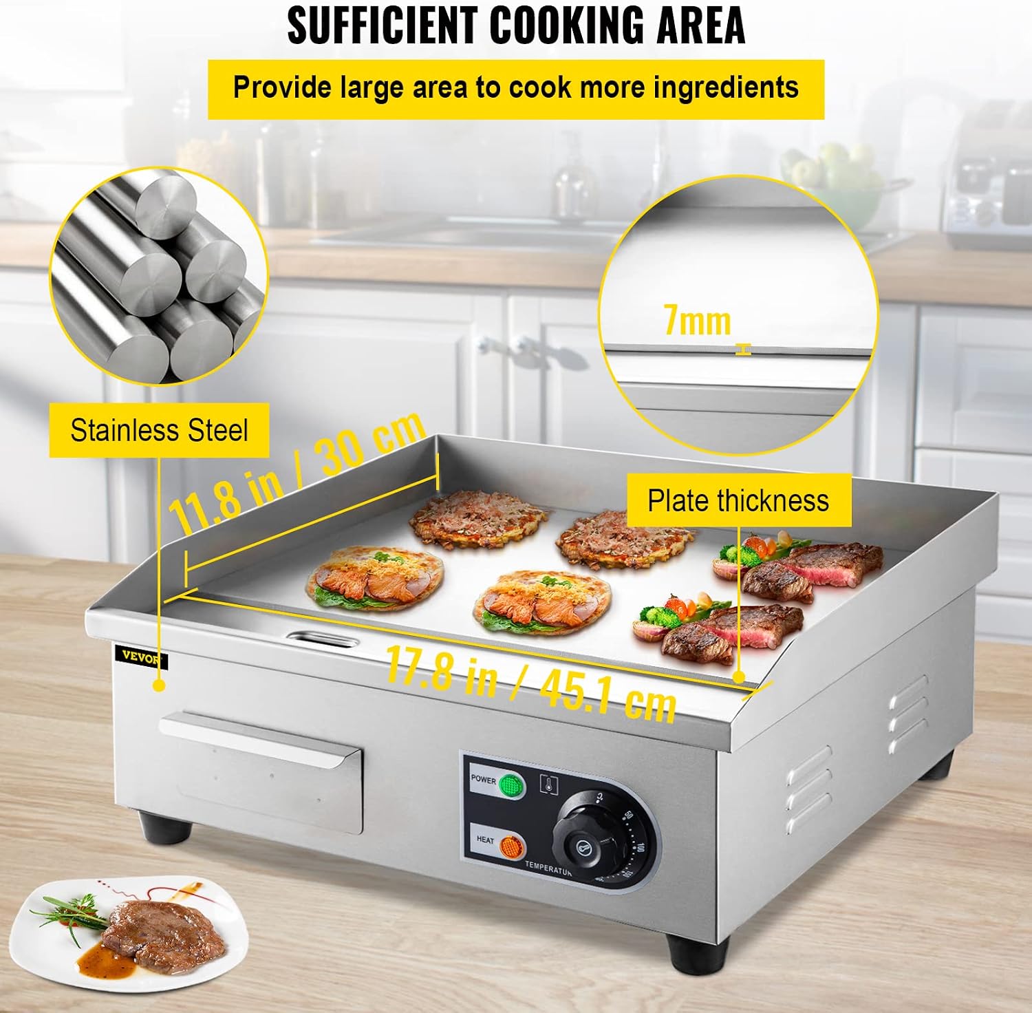 VEVOR Commercial Electric Griddle, 18' Teppanyaki Grill, 1600W Electric Flat Top Grill, Stainless Steel Electric Countertop Griddle w/Drip Hole, 50-300℃ Countertop Griddle for Pancake (No Plug)