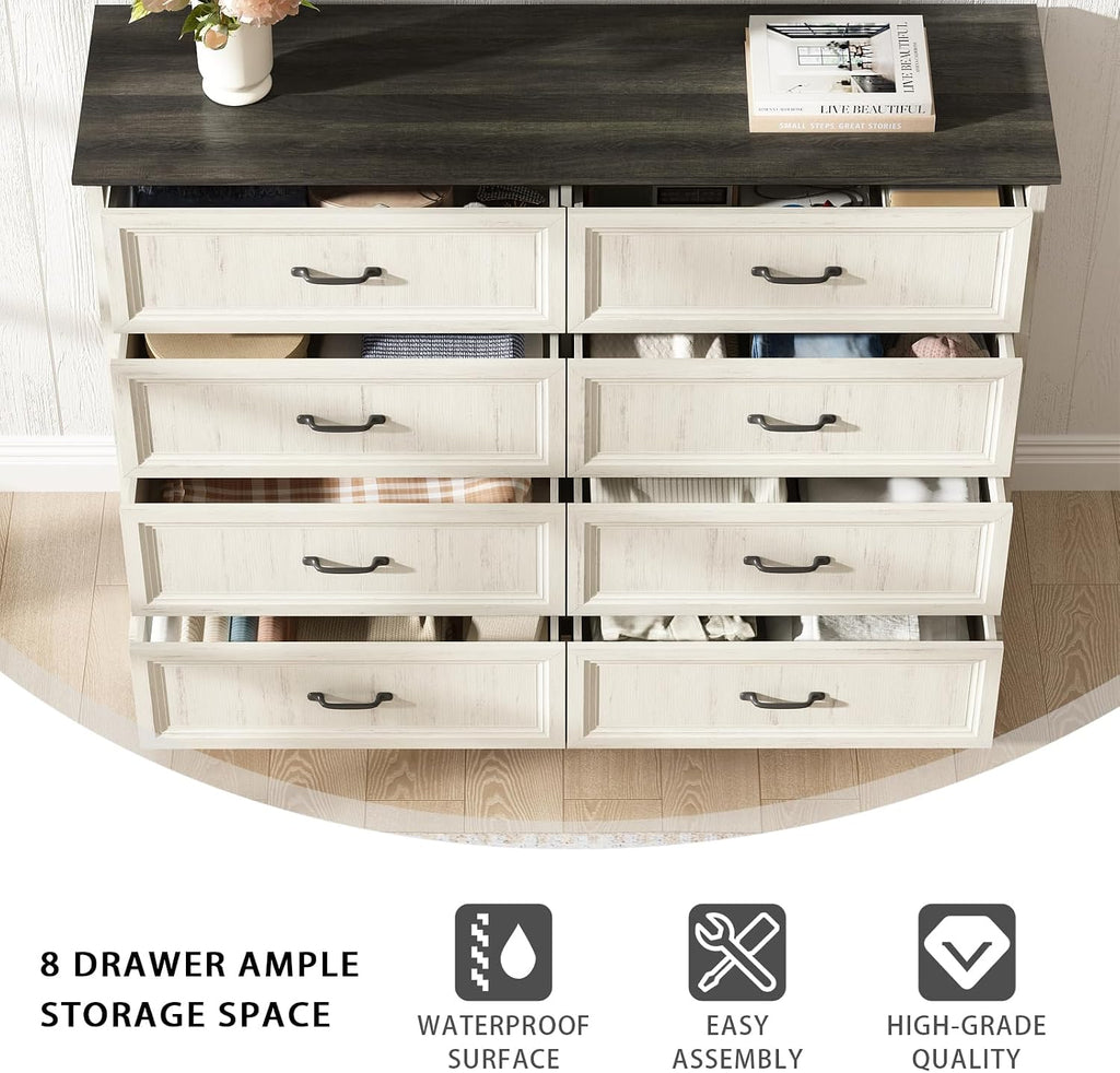CARPETNAL Farmhouse Dresser and Nightstand Sets for Bedroom, 3 Pcs Bedroom Set, 8 Drawer Dresser & Nightstand Set of 2, Modern Wood Chest of Drawers for Bedroom Living Room, Entryway, White