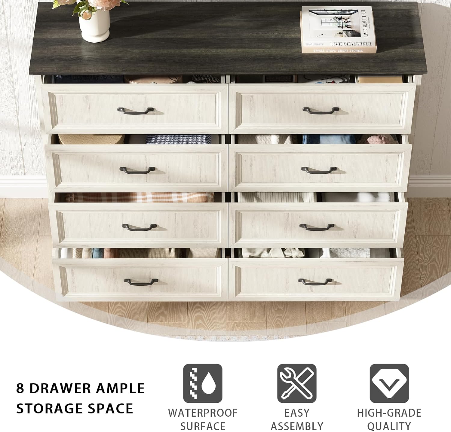 CARPETNAL Farmhouse Dresser and Nightstand Sets for Bedroom, 3 Pcs Bedroom Set, 8 Drawer Dresser & Nightstand Set of 2, Modern Wood Chest of Drawers for Bedroom Living Room, Entryway, White