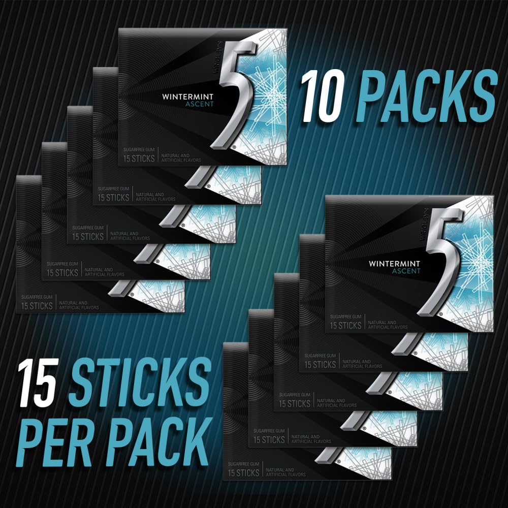 5 GUM Wintermint Ascent Sugar Free Chewing Gum Refreshing Chilling Minty Flavor Five Gum, 15 Stick (120 Pack)