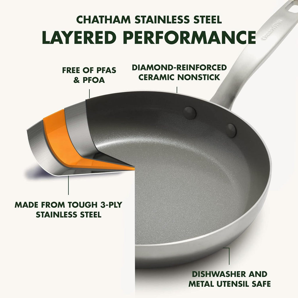 GreenPan Chatham Tri-Ply Stainless Steel 12 Piece Cookware Set, PFAS-Free Pots and Pans, Multiclad, Induction Ready, Fry Saute Sauce Pans, Stockpot, Dishwasher Safe, Oven & Broiler Safe, Silver