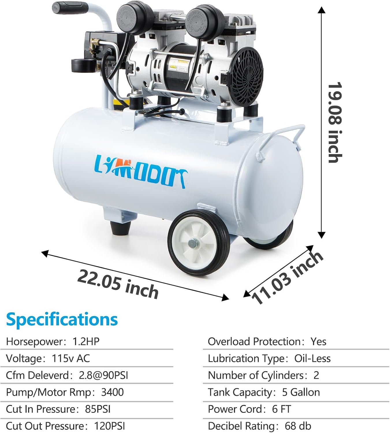 Quiet Air Compressor, Only 68dB, 5 Gallon Steel Tank, 2.8CFM @ 90PSI, Oil-Free, Electric Air Compressor Perfect for Woodwork Nailing, Garage, Car, Pneumatic Tool, Includes 11 Accessories