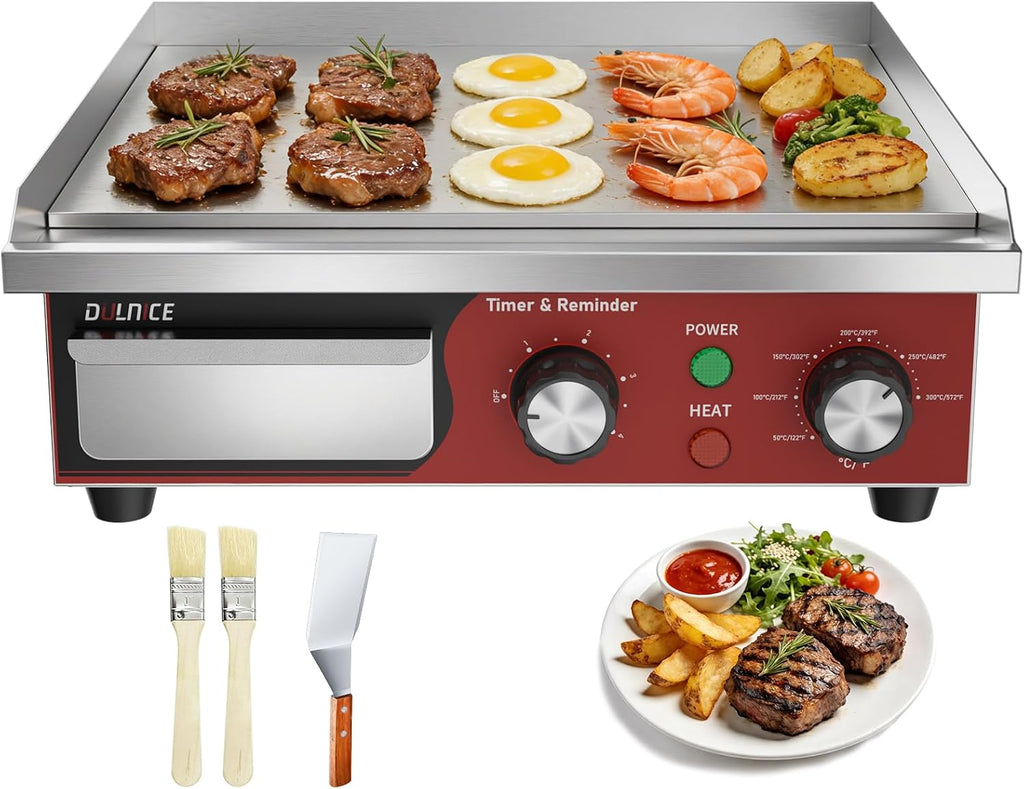 Commercial Electric Griddle 14', 1500W Electric Flat Top Grill with 5 Minute Reminder Timer, 122~572℉Adjustable Temperature Control, Stainless Steel Griddle Grill for Restaurant Kitchen