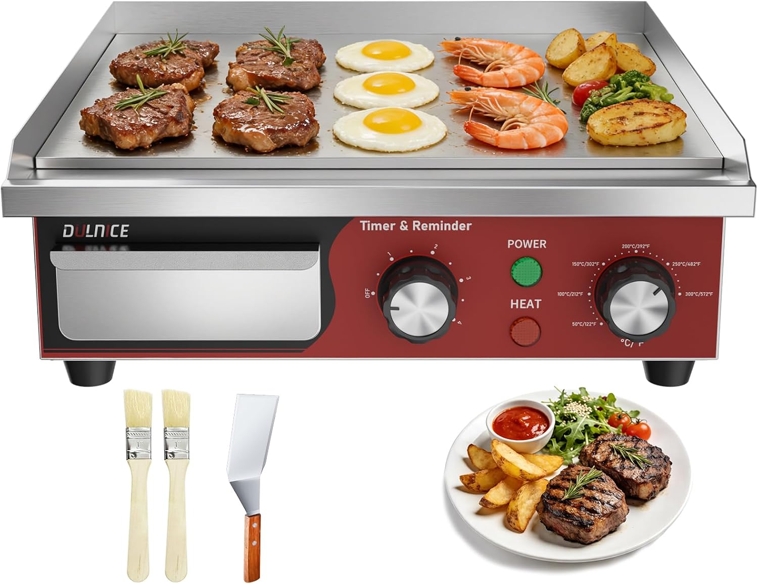 Commercial Electric Griddle 14', 1500W Electric Flat Top Grill with 5 Minute Reminder Timer, 122~572℉Adjustable Temperature Control, Stainless Steel Griddle Grill for Restaurant Kitchen