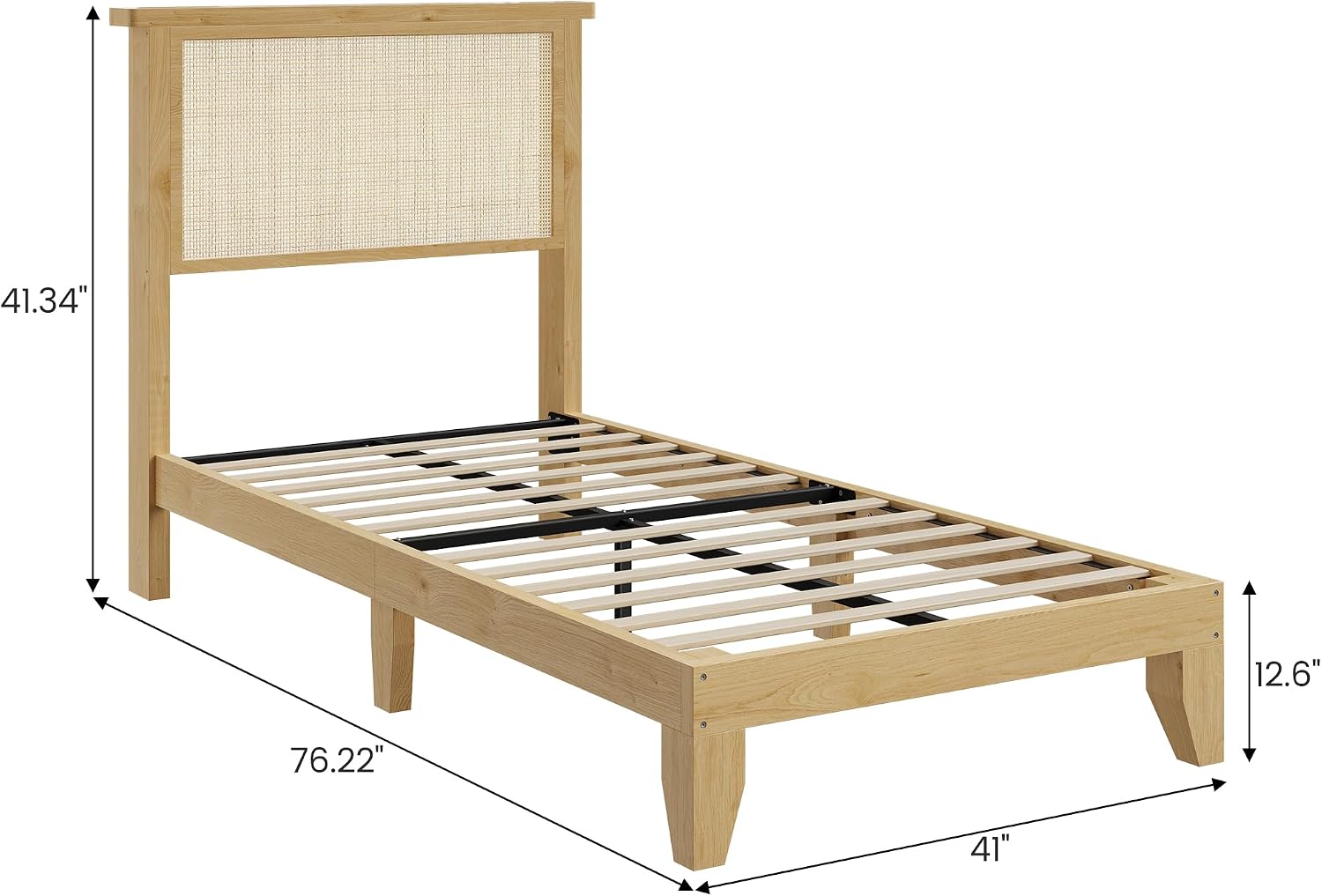 coucheta Rattan Bed Frame Twin with Natural Rattan Headboard,Twin Bed Frame with LED Lights, Bed with Headboard,Solid Wood Bed Legs with Silent Slats,No Box Spring Needed