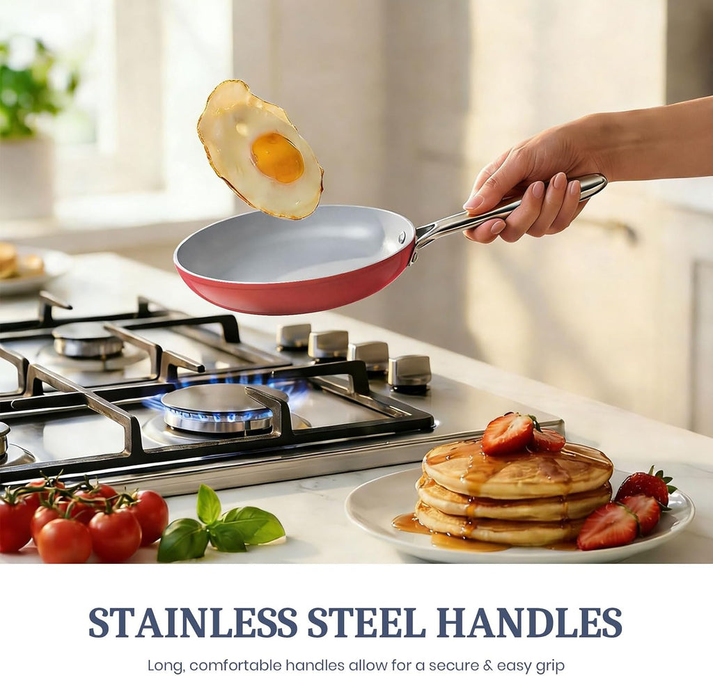 CookinCraze Ceramic Cookware Set, Pots and Pans Set Nonstick with Lid PFAS & PFOA Free, Induction Compatible Oven Safe Up to 500°F Even Heat Distribution, Fusion Red