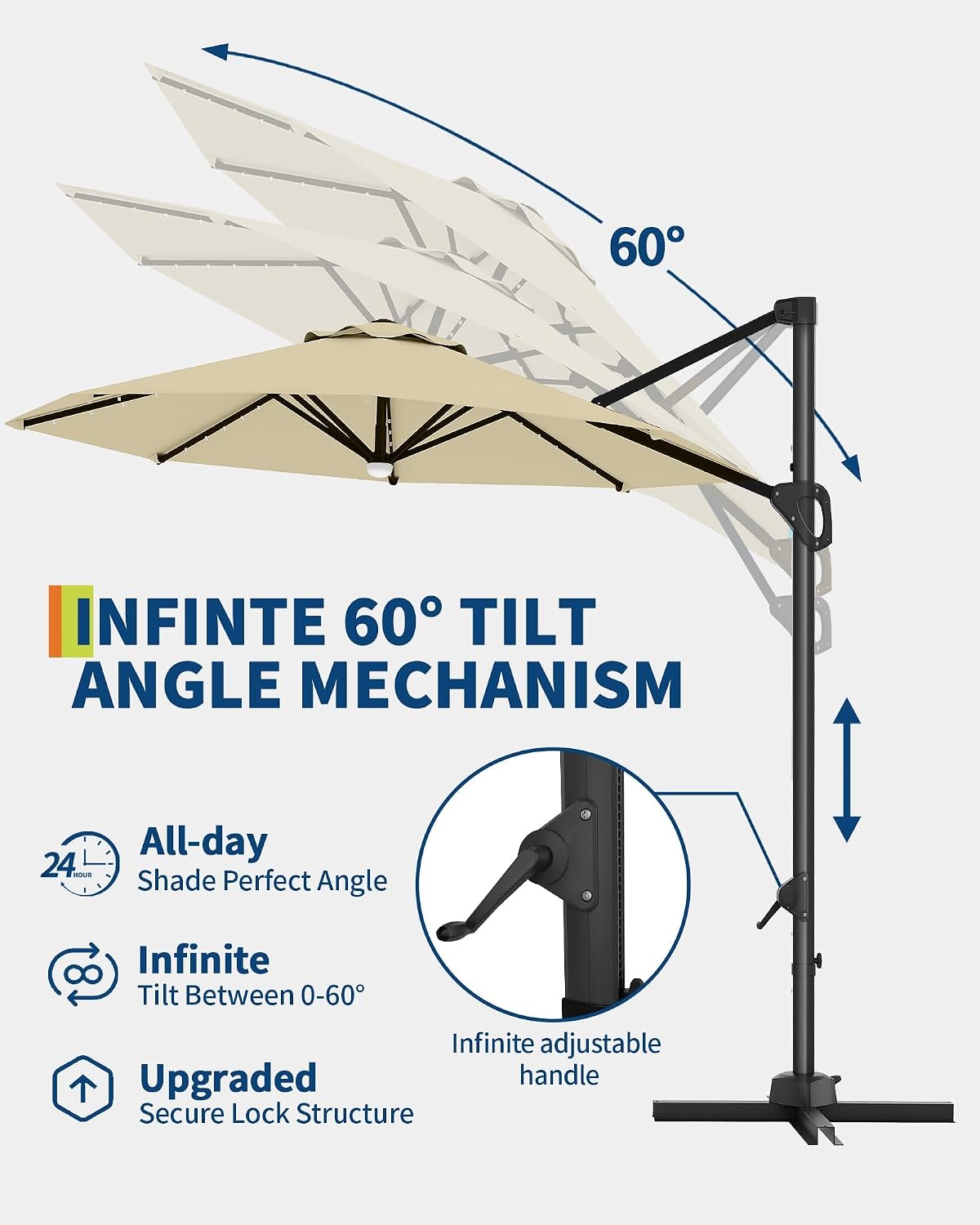 Takywep 10ft Cantilever Patio Umbrella, Outdoor Umbrella 360-degree Rotation, Solar-powered LED lights, Easy-Tilt Mechanism, for Decks, Poolside and Backyard Relaxation