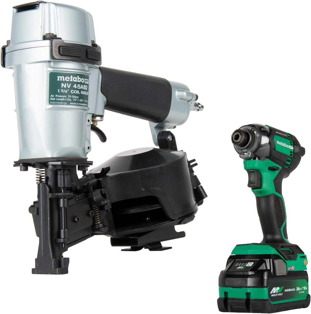 Metabo HPT Pneumatic Roofing Nailer + 18V Impact Driver Pro Bundle Kit, 1-3/4-Inch Coil Roofing Nailer with BONUS 18V Triple Hammer Impact Driver Kit, KNV45AB2