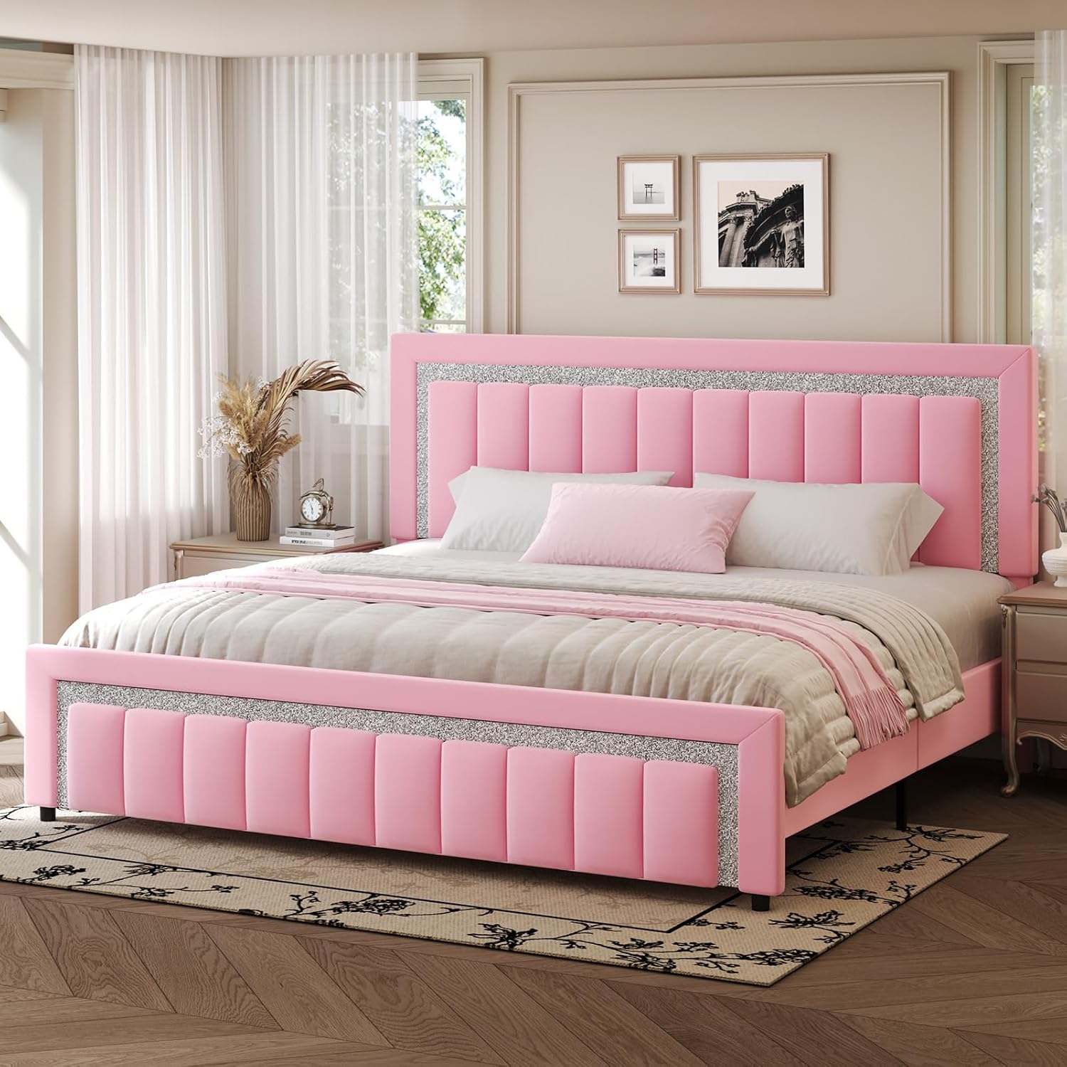 HOMBCK King Size Bed Frame, Velvet Upholstered Bed with Diamond Headboard, Modern Bed King Szie with Wooden Slats Support, No Box Spring Needed, Easy Assembly, Pink