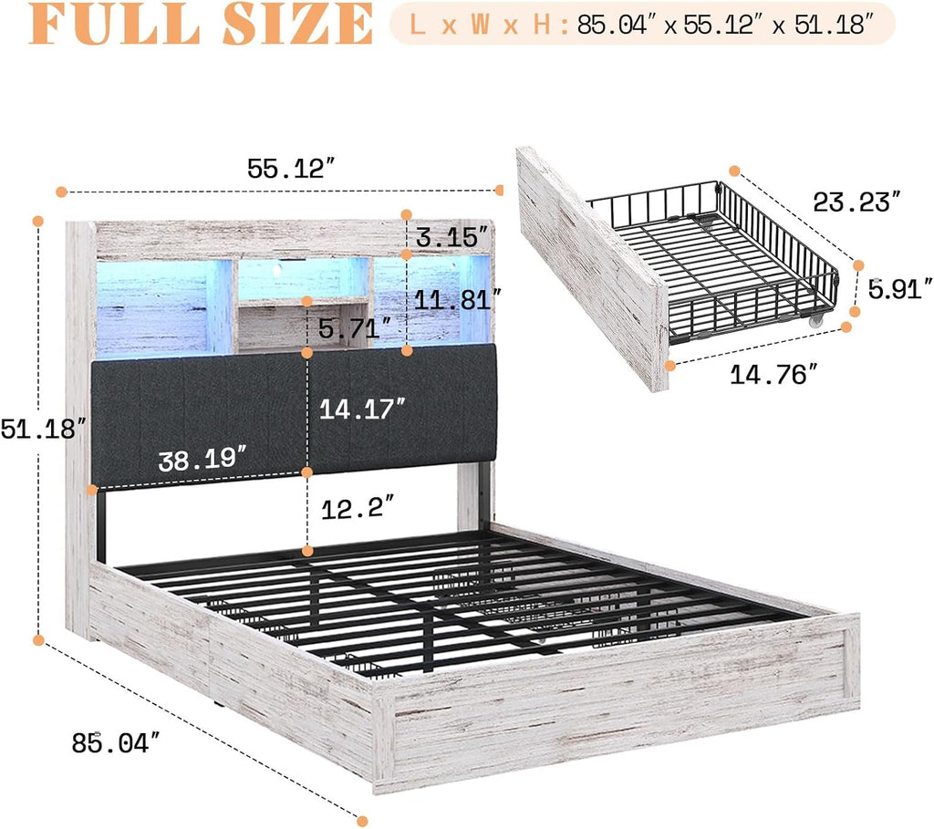 AMERLIFE Full Size Bed Frame with 51.2' Tall Bookcase Headboard, Farmhouse Platform Bed with 4 Storage Drawers, Linen Upholstered, Charging Station & Storage, Rustic White