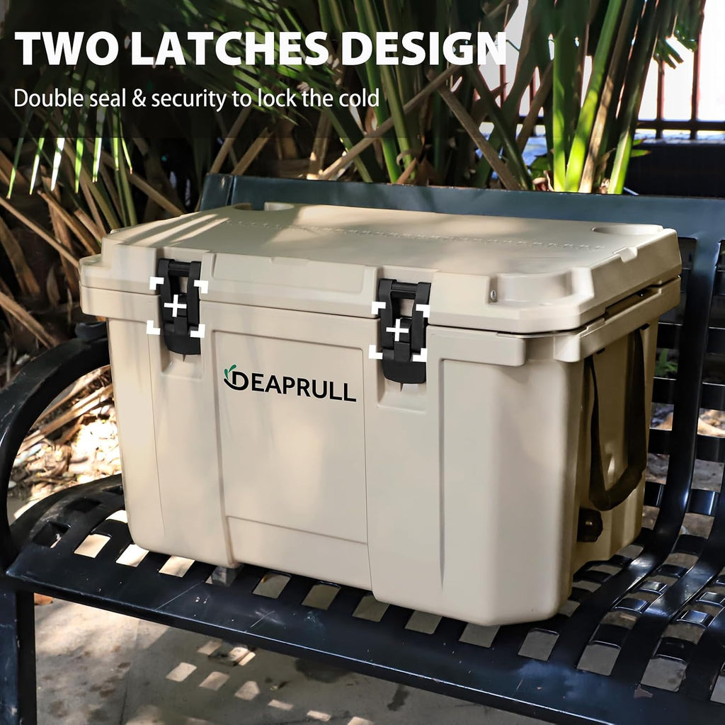Hard Cooler, Insulated Ice Chest Box Holds Ice for More Days, Portable Cooler with Handle, Cup Holders, Double Latches for Camping Drink, Beach, Picnic, Fishing, Boat, Barbecue