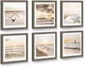 Framed Beach Scenery Wall Art：6 Pieces Small Calming Seaside Painting Nature Coastal Sunrise Prints Tropical Multi Seascape Photography Artwork Ocean Seagulls Picture for Bathroom Bedroom Office