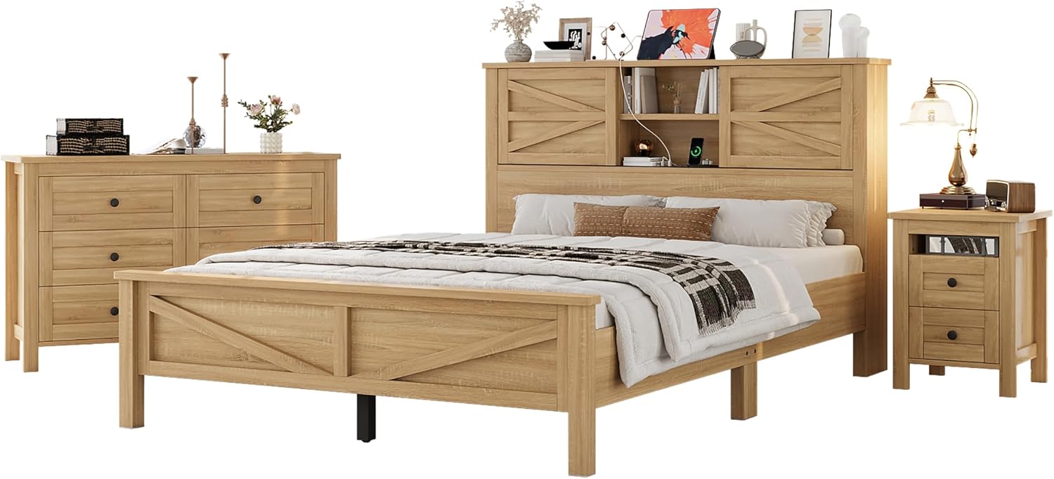 SOFTSEA 3 Pieces Farmhouse Bedroom Set, Queen Size Platform Bed with a Nightstand and 6-Drawer Dresser, Wood Platform Bed with Sliding Barn Door Headboard and Charging Station, Natural