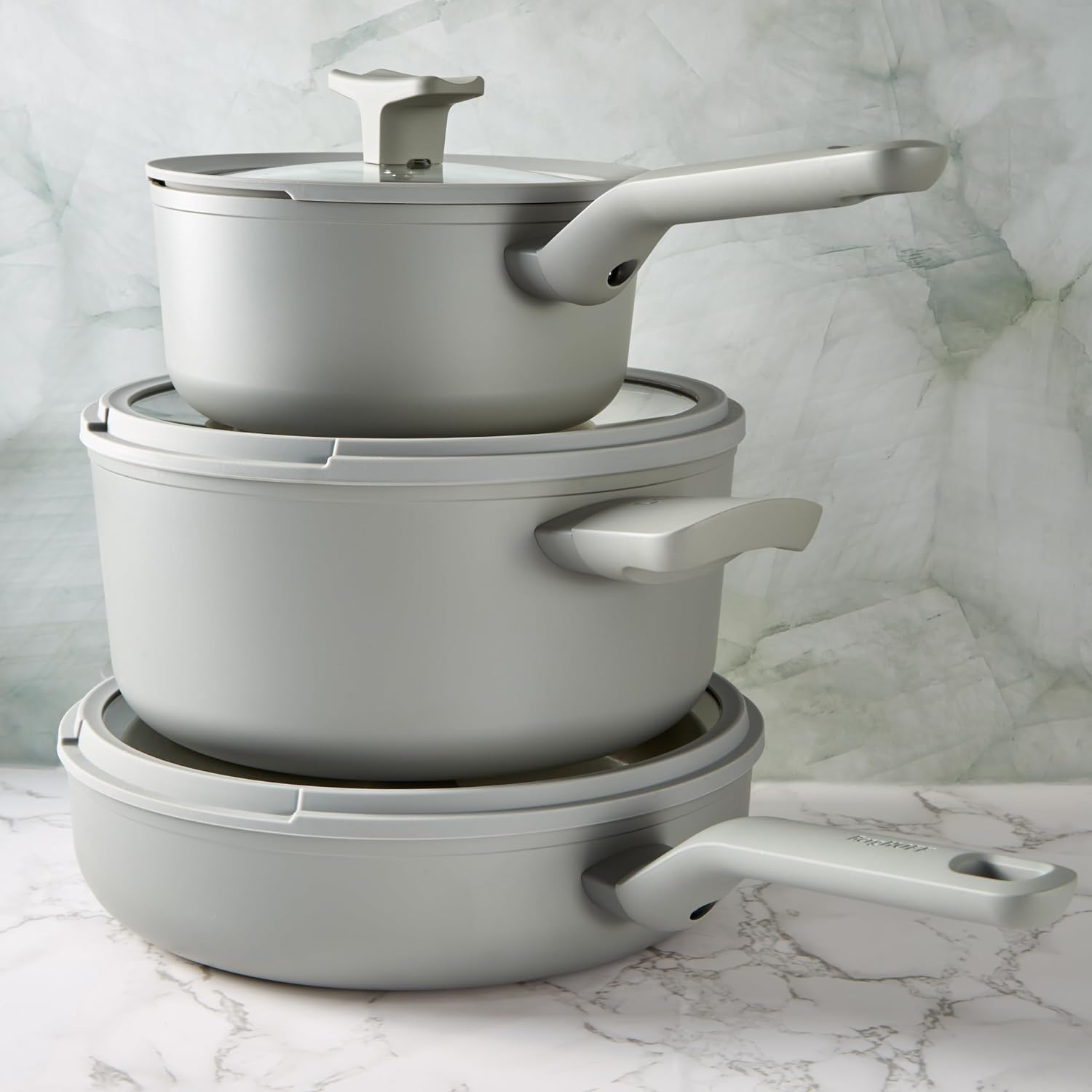 BergHOFF Balance Nonstick Ceramic Sauté Pan 10.25in, 3.1qt. with Glass Lid, Recycled Aluminum, CeraGreen Non-toxic Coating, Stay-cool Long Handle, Induction Pan, Moonmist