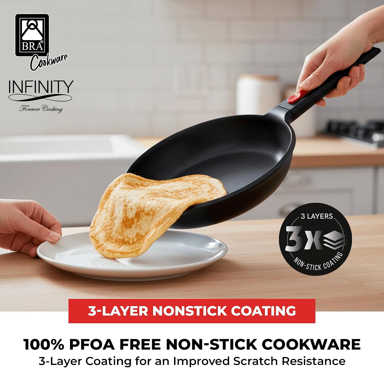 BRA COOKWARE Infinity 3-Piece Nonstick Frying Pan Set | 8, 9.5 & 11 Inch Cast Aluminum Skillet Set | Removable Handle | PFOA/PFAS Free Fry Pans | All Cooktops incl. Induction | Oven Safe Skillets