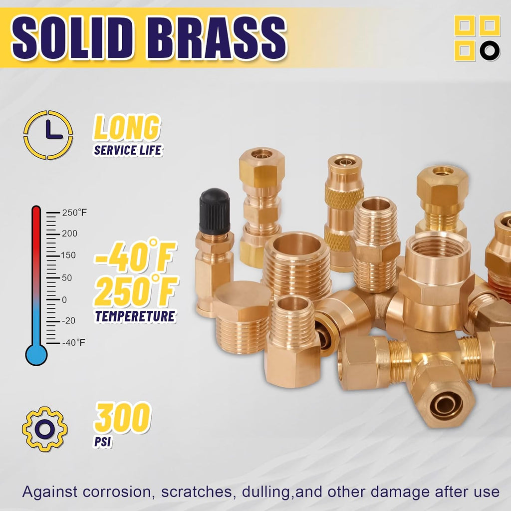 250 Pcs Brass DOT Air Brake Line Fittings & Air Nylon Tube Compression Fittings Assortment Kits,1/4' 1/8' 3/8' 1/2' 5/8' 3/4' NPT Push To Connect Fittings Quick Connect Air Hose Fittings