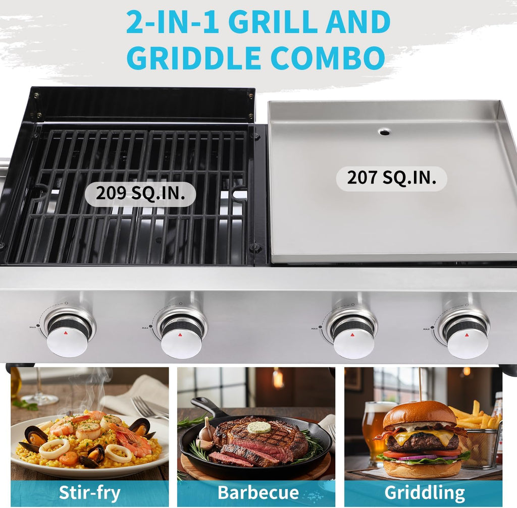 4 Burner Portable Gas Grill Griddle Combo, Flat Top Propane Grill with Leg, Tabletop BBQ Grill 40,000 BTUs Output for Backyard Camping Tailgating or Outdoor Cooking
