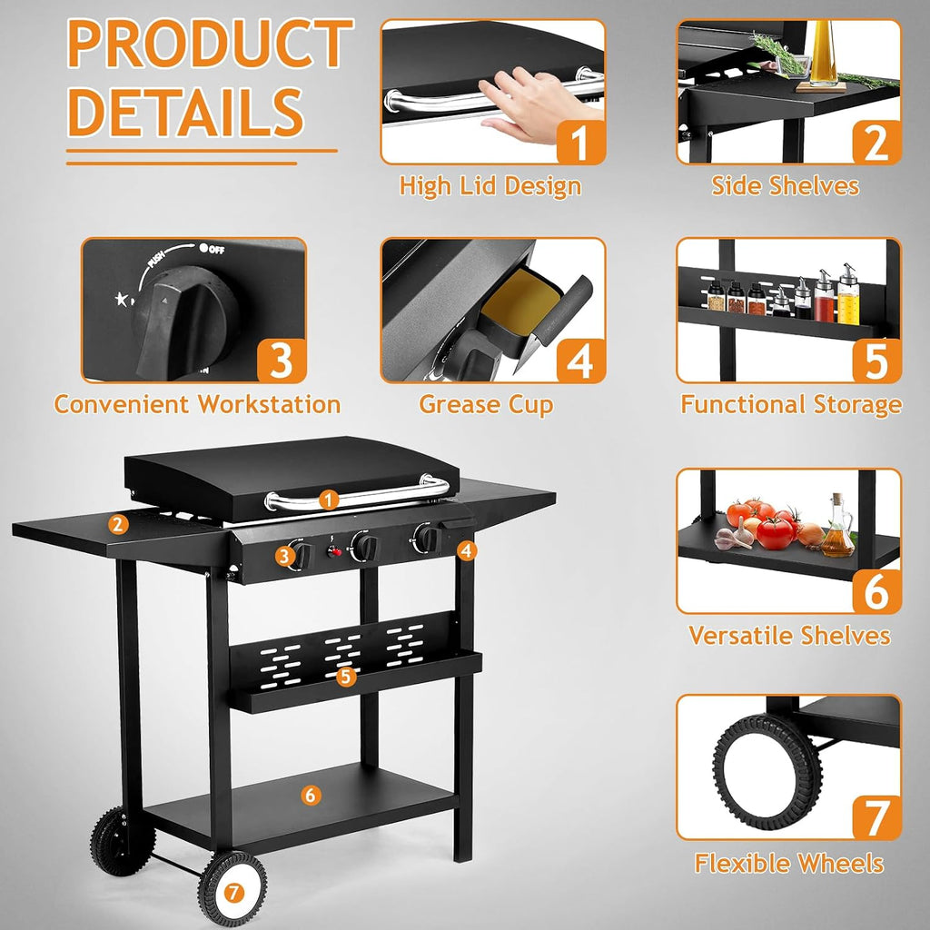 Portable 3-Burner Flat Top Gas Griddle with Side Shelves and Spice Rack, Cooking Station with Ceramic Coated Cast Iron Pan, 30000 BTU Propane Tabletop Griddle for Outdoor Barbecue, Grilling