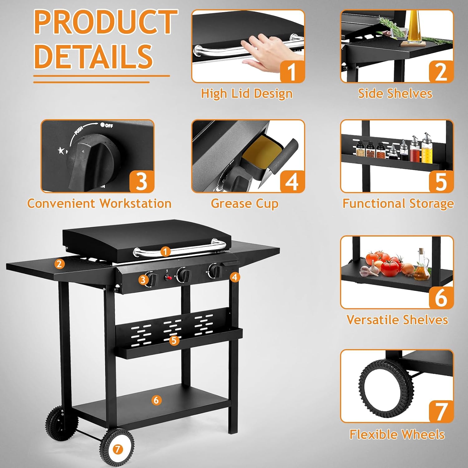 Portable 3-Burner Flat Top Gas Griddle with Side Shelves and Spice Rack, Cooking Station with Ceramic Coated Cast Iron Pan, 30000 BTU Propane Tabletop Griddle for Outdoor Barbecue, Grilling