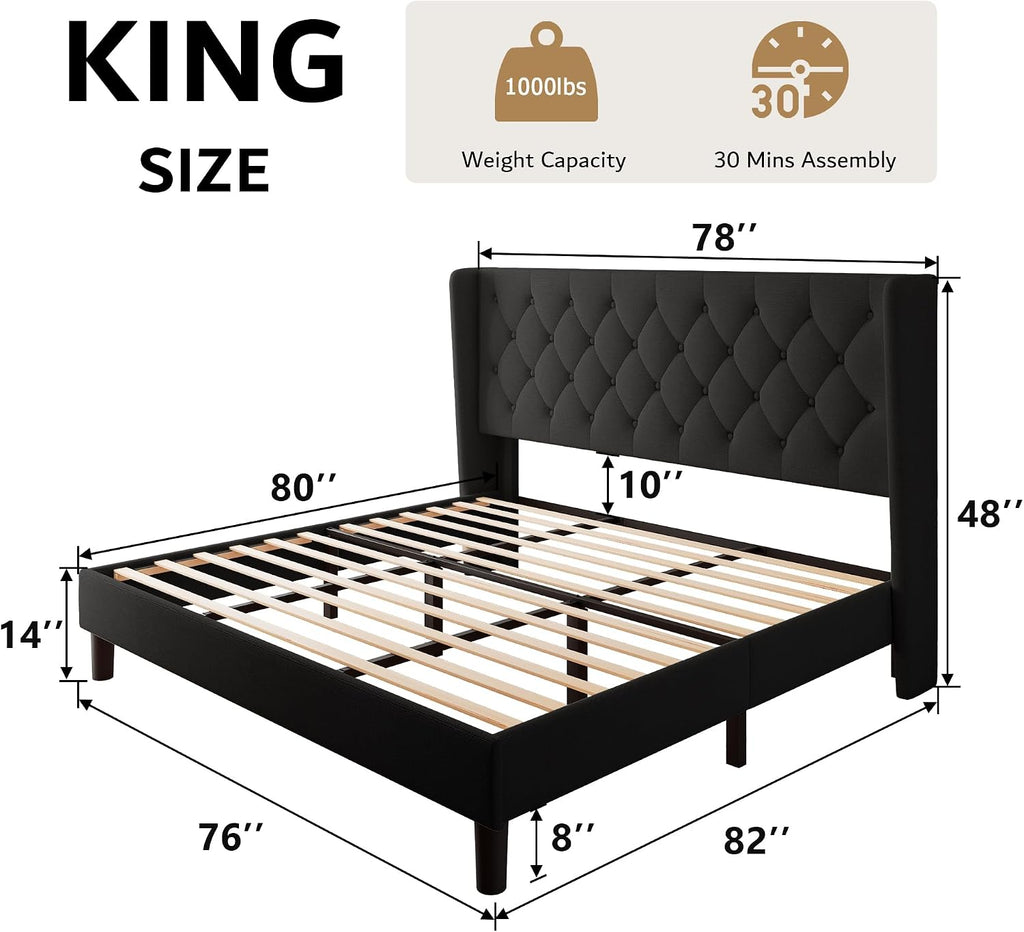 iPormis King Size Platform Bed Frame with Button Tufted Headboard, Upholstered Bed Frame with Solid Wooden Slats, 8' Underbed Space, No Box Spring Needed, Noise Free, Easy Assembly, Black