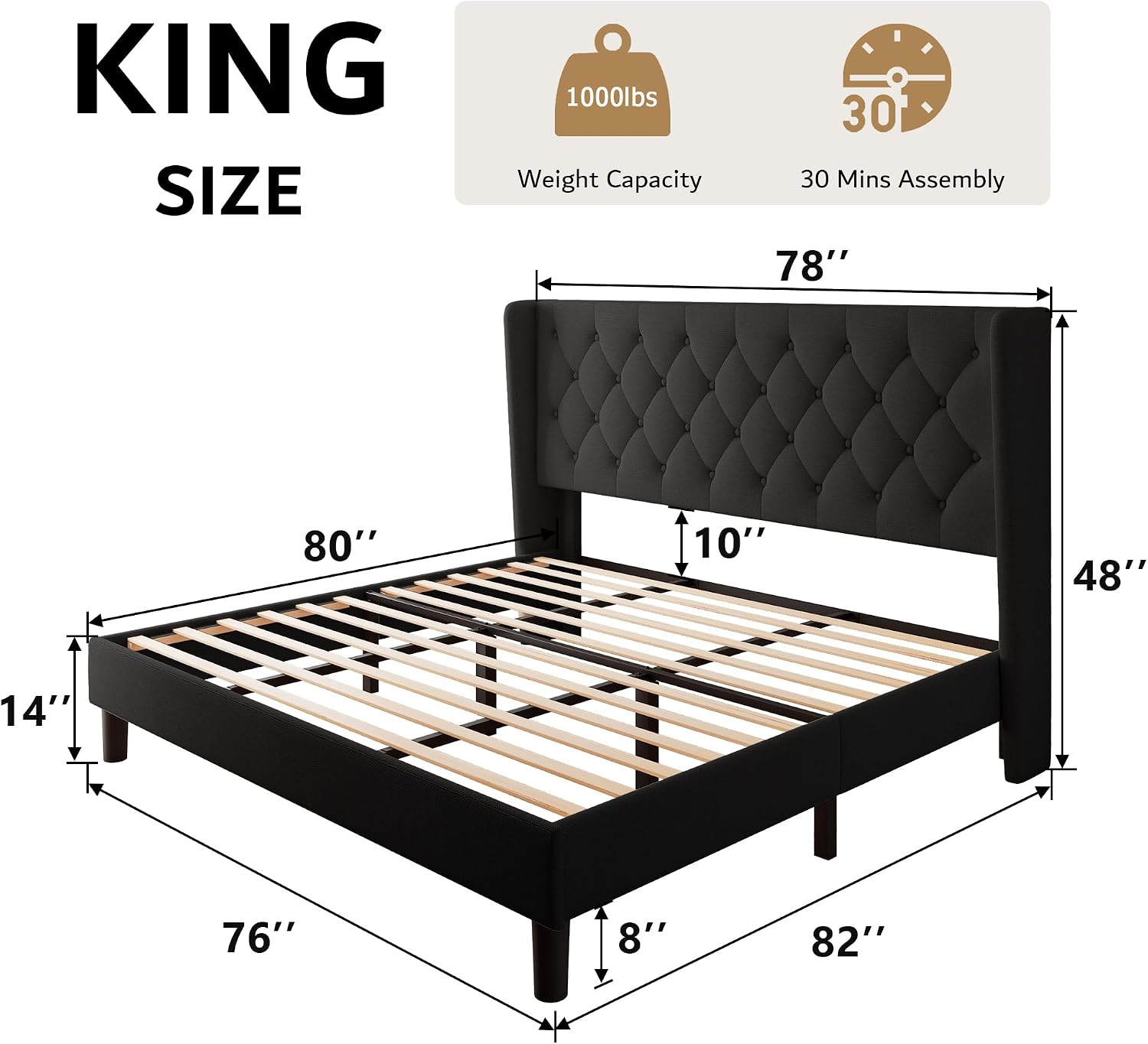 iPormis King Size Platform Bed Frame with Button Tufted Headboard, Upholstered Bed Frame with Solid Wooden Slats, 8' Underbed Space, No Box Spring Needed, Noise Free, Easy Assembly, Black