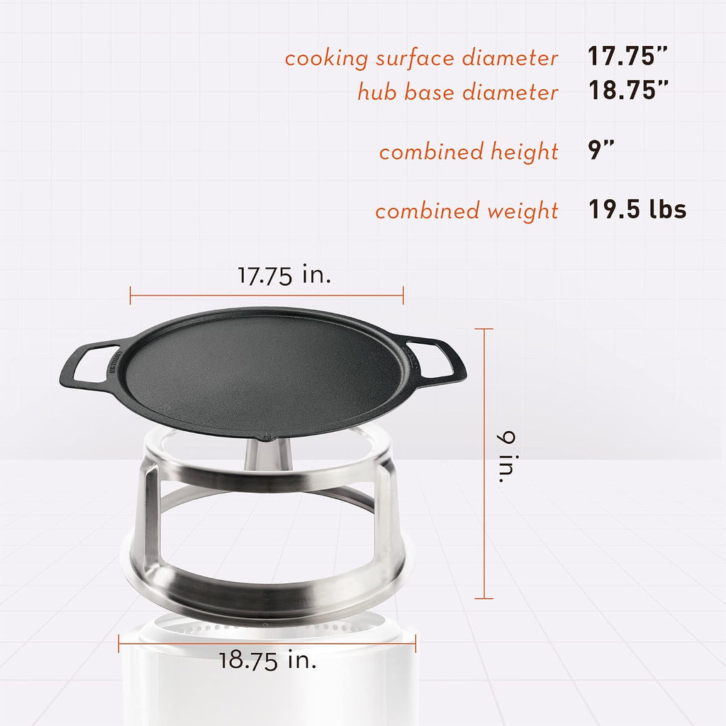 Solo Stove Bonfire Griddle + Hub, Cast Iron Cookware with Stainless steel Hub for 8' Elevation, Addition to Bonfire fire pit, Weight: 19.5lbs, Cooking surface diameter 17.75'
