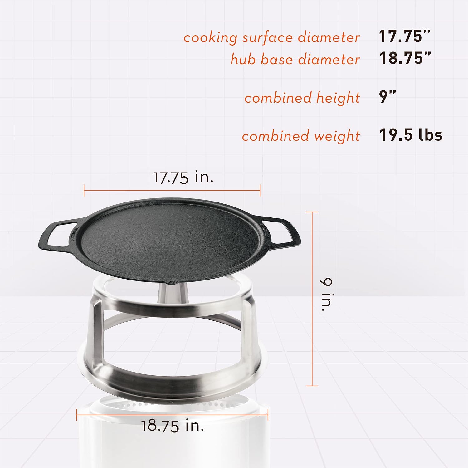 Solo Stove Bonfire Griddle + Hub, Cast Iron Cookware with Stainless steel Hub for 8' Elevation, Addition to Bonfire fire pit, Weight: 19.5lbs, Cooking surface diameter 17.75'